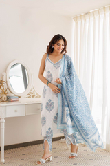 White Block Printed Cotton Cut Sleeves Kurti Pant And Dupatta Set