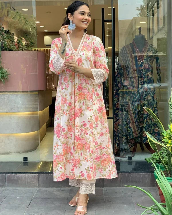 Close-up of Mughal butta print on summer cotton Anarkali