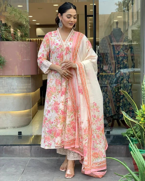 Side view of Mughal butta Anarkali kurti set for women