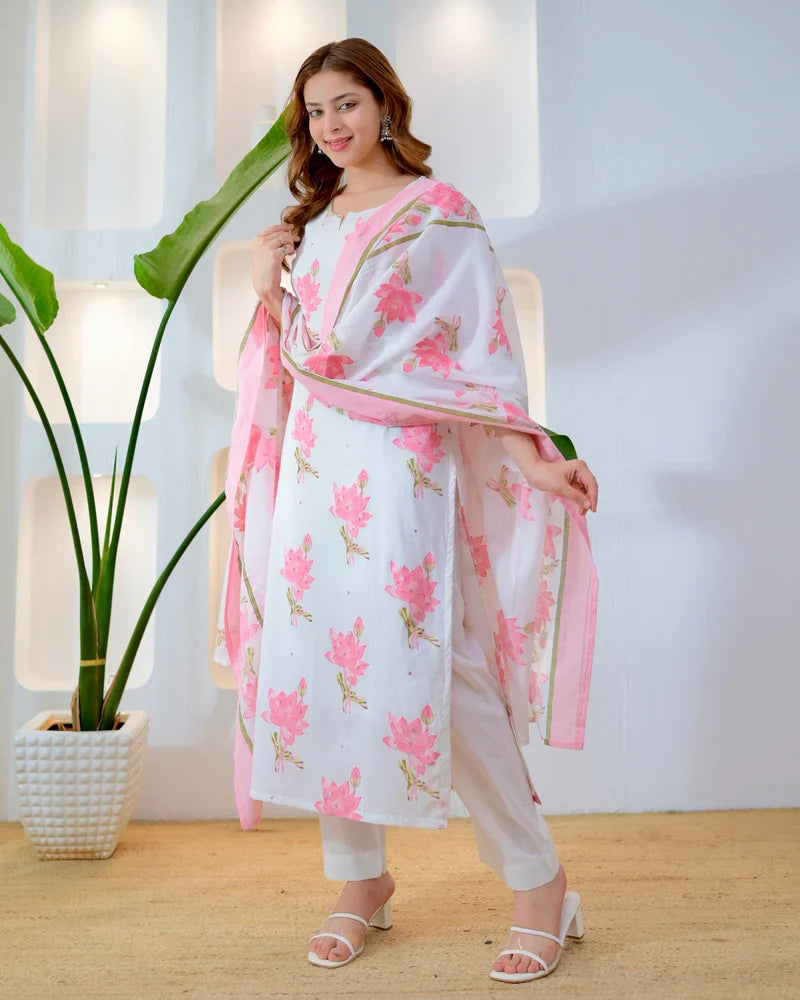 Close-up of rose pink floral print on premium cotton suit