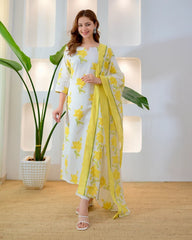 Yellow bloom cotton kurta with matching pant and dupatta, full-length view