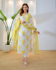 Close-up of yellow floral print and lace detailing on premium cotton suit