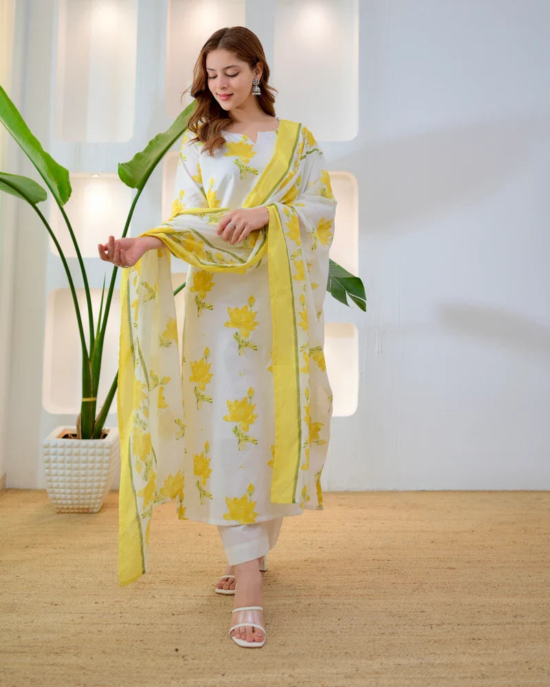 Yellow bloom cotton suit neckline and embroidery detail