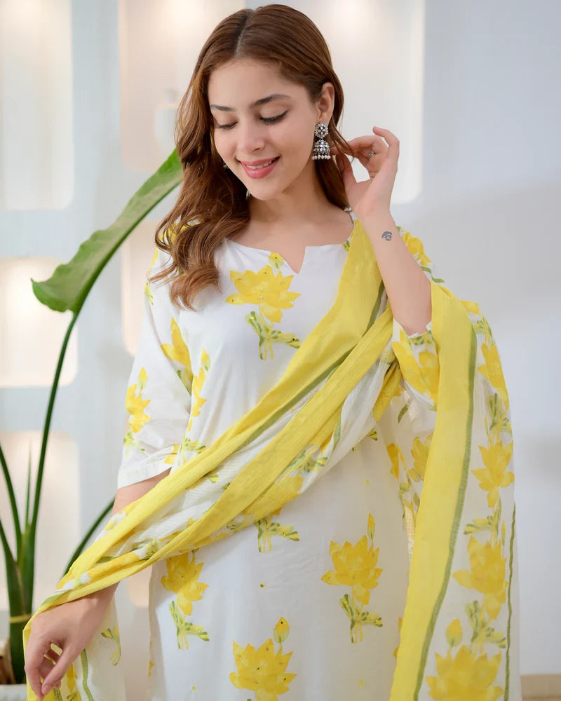 Side view of yellow premium cotton kurta set for women