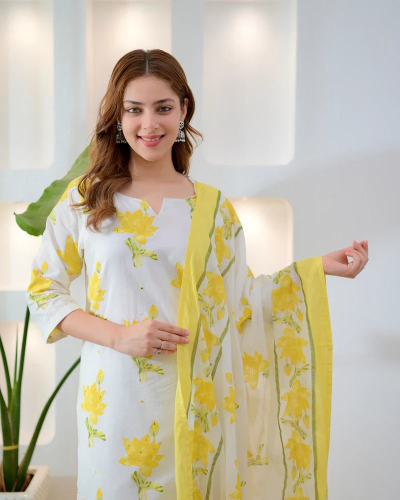 Yellow floral cotton suit dupatta drape detail
