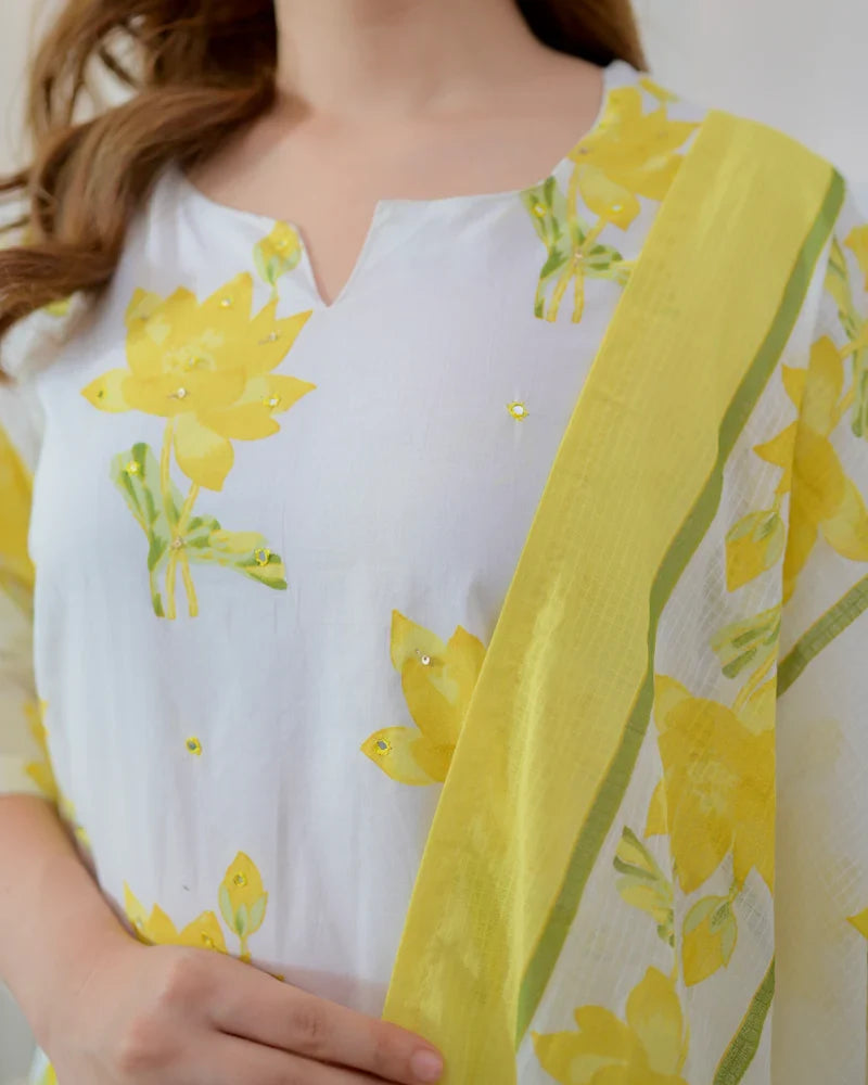Yellow bloom cotton suit sleeve and fabric texture close-up