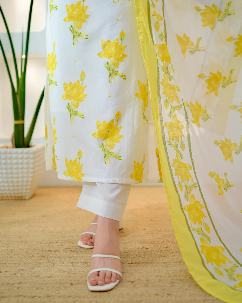 Yellow premium cotton 3-piece suit set styled for women - Resshaa