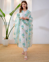 Side view of turquoise premium cotton kurta set for women