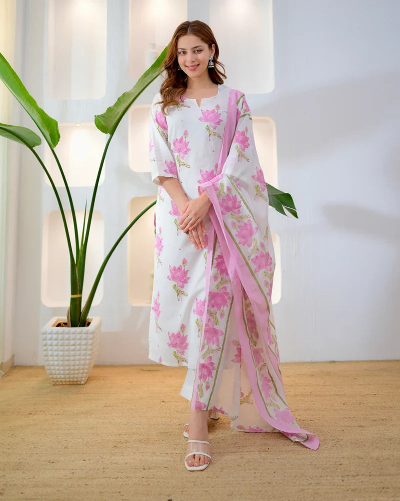 Lilac bloom cotton kurta with pant and dupatta, full-length view