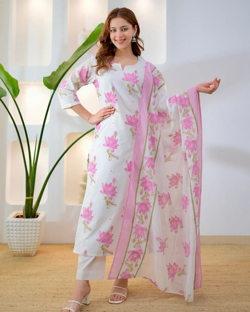 Close-up of lilac lotus floral print on premium cotton suit
