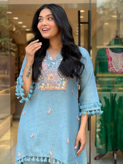 Embroidered Purple Linen Co-ord Set with Tassel Details