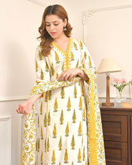 Side view of sunlit bloom premium cotton kurta set for women