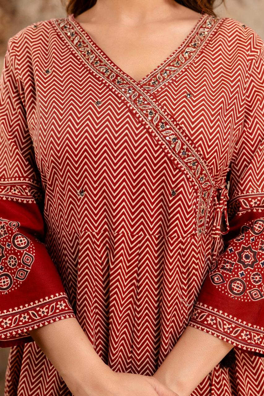 Women dhabu cotton kurta set embroidered A-line festive ethnic wear 3 piece India Resshaa