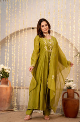 Chanderi silk 3 piece kurta pant dupatta set women embroidery work ethnic party buy online