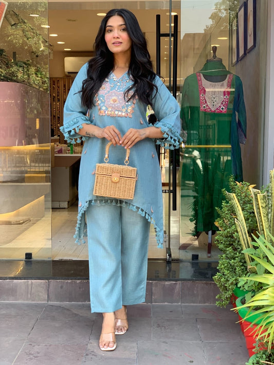 Embroidered Purple Linen Co-ord Set with Tassel Details