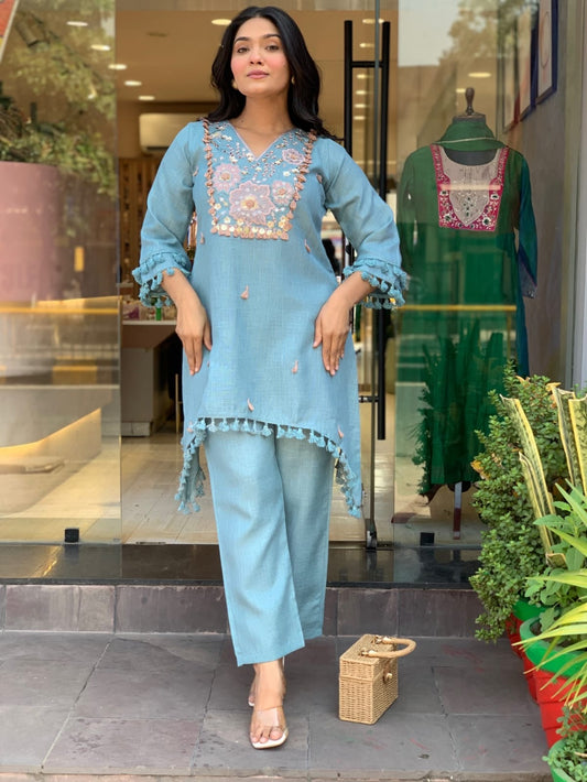 Embroidered Purple Linen Co-ord Set with Tassel Details