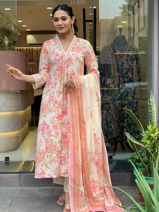 Mughal butta print Anarkali kurti set for women, front view - Resshaa Jaipur