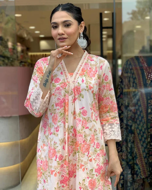 Mughal butta Anarkali kurti with dupatta, full-length view