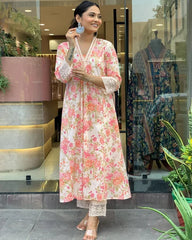 Close-up of Mughal butta print on summer cotton Anarkali