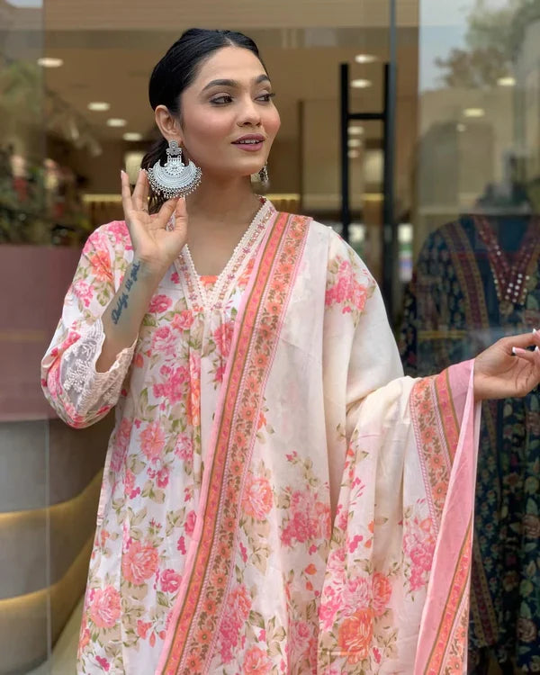 Mughal butta Anarkali summer cotton suit dupatta detail
