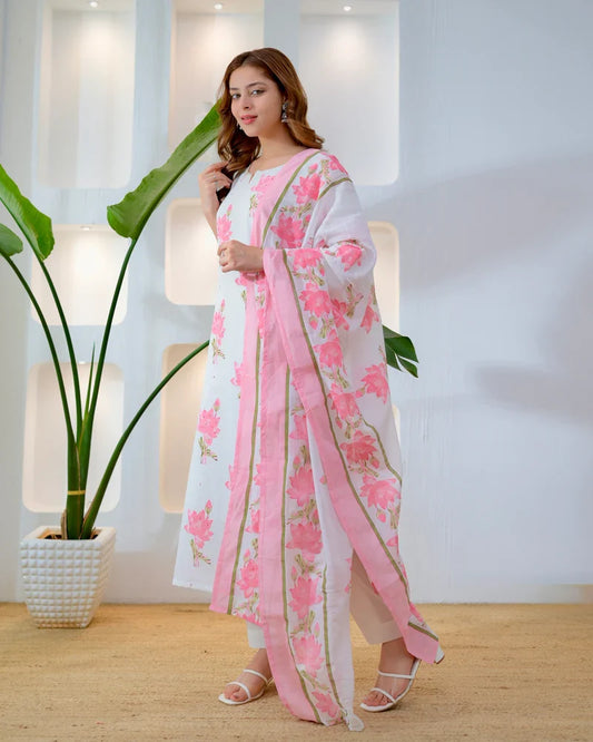 Rose pink bloom cotton kurta with pant and dupatta, full-length view