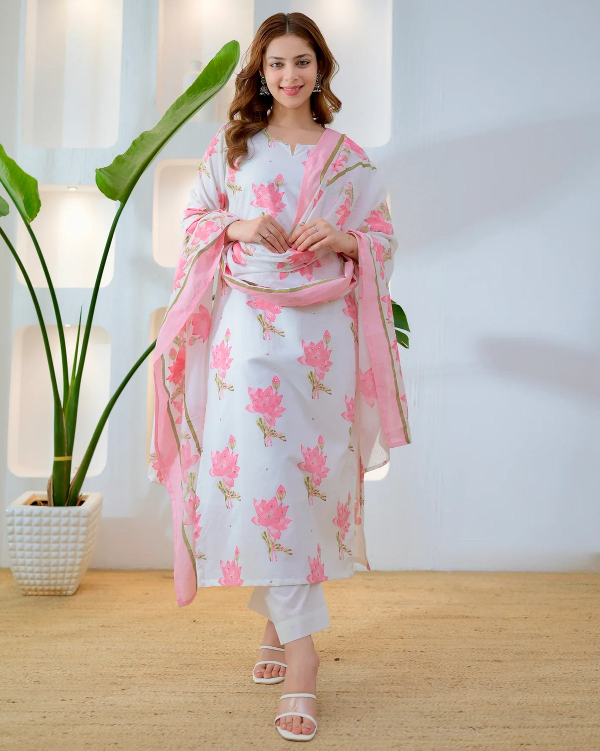 Rose pink bloom premium cotton suit set for women, front view - Resshaa Jaipur