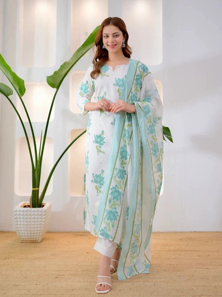 Turquoise floral bloom premium cotton suit set for women, front view - Resshaa Jaipur