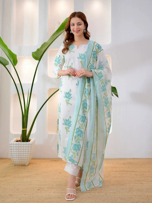 Turquoise floral bloom premium cotton suit set for women, front view - Resshaa Jaipur