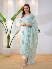 Turquoise floral bloom premium cotton suit set for women, front view - Resshaa Jaipur