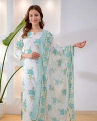 Turquoise bloom cotton kurta with pant and dupatta, full-length view