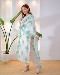 Turquoise cotton suit neckline and lace embroidery detail