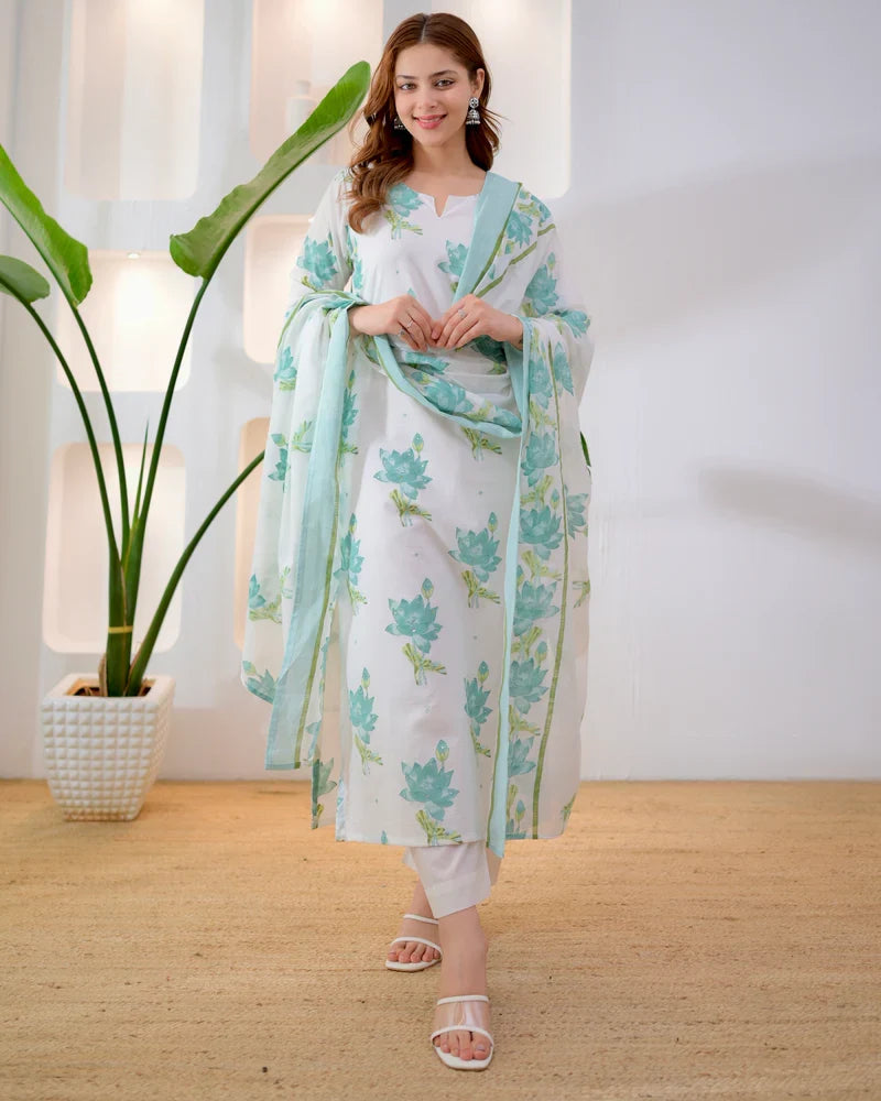 Side view of turquoise premium cotton kurta set for women