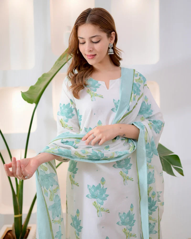 Turquoise floral cotton suit dupatta drape detail