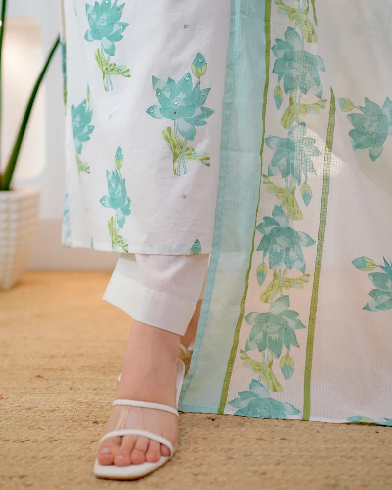 Turquoise premium cotton 3-piece suit set styled for women - Resshaa