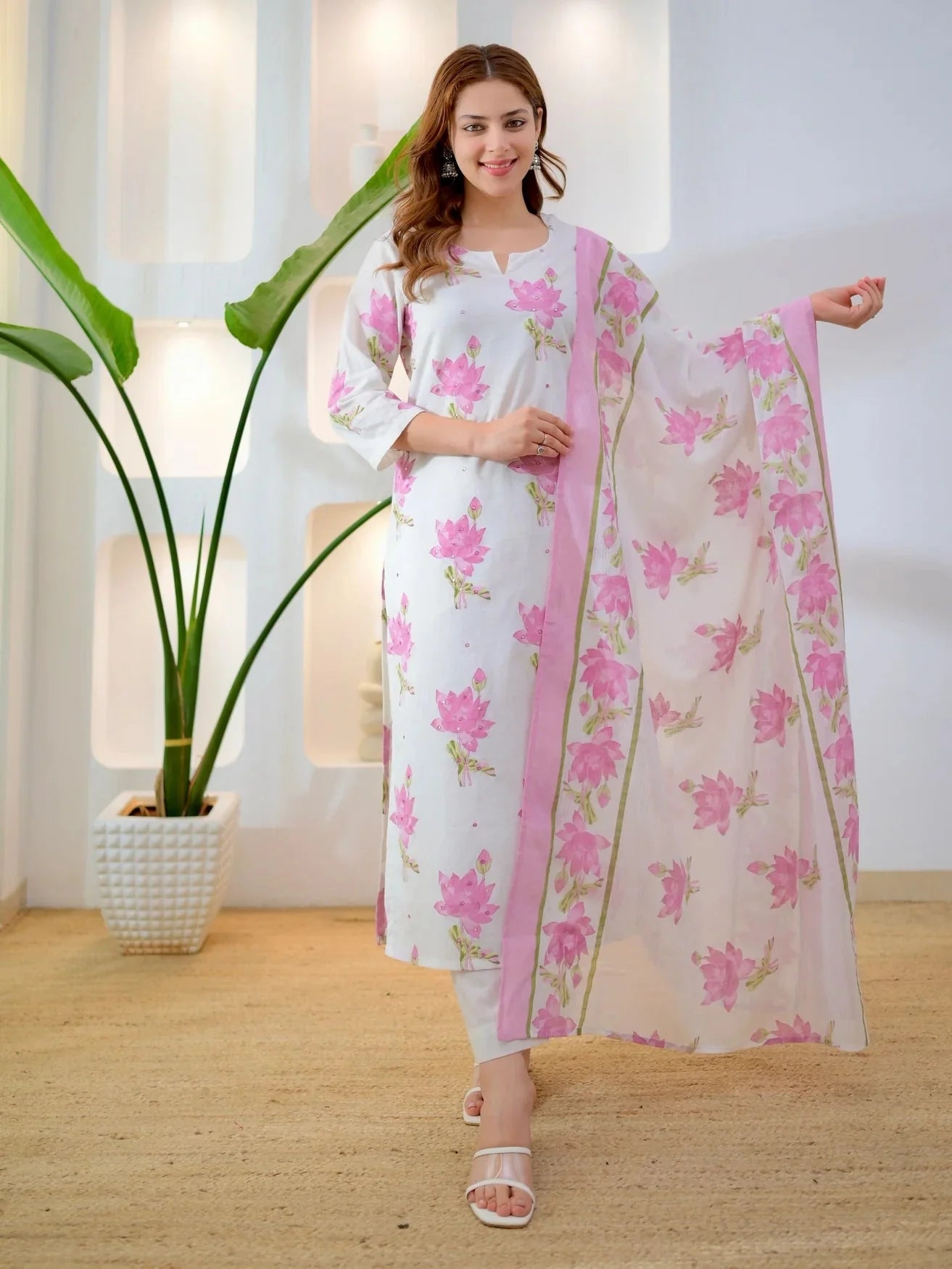 Lilac lotus bloom premium cotton suit set for women, front view - Resshaa Jaipur
