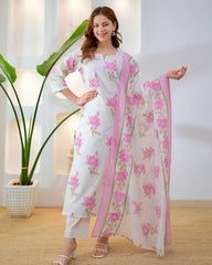 Close-up of lilac lotus floral print on premium cotton suit