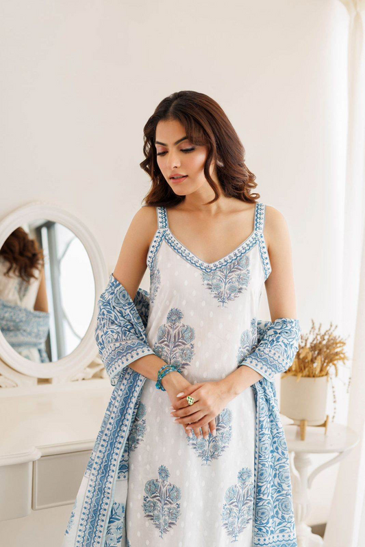 White Block Printed Cotton Cut Sleeves Kurti Pant And Dupatta Set