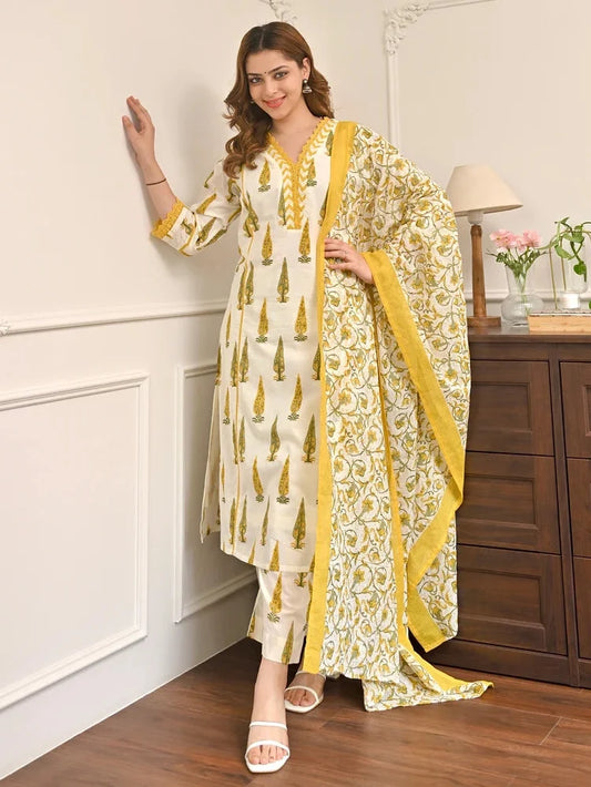 Sunlit bloom leaf premium cotton suit set for women, front view - Resshaa Jaipur