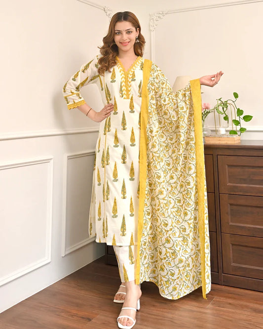 Sunlit bloom leaf cotton kurta with pant and dupatta, full-length view