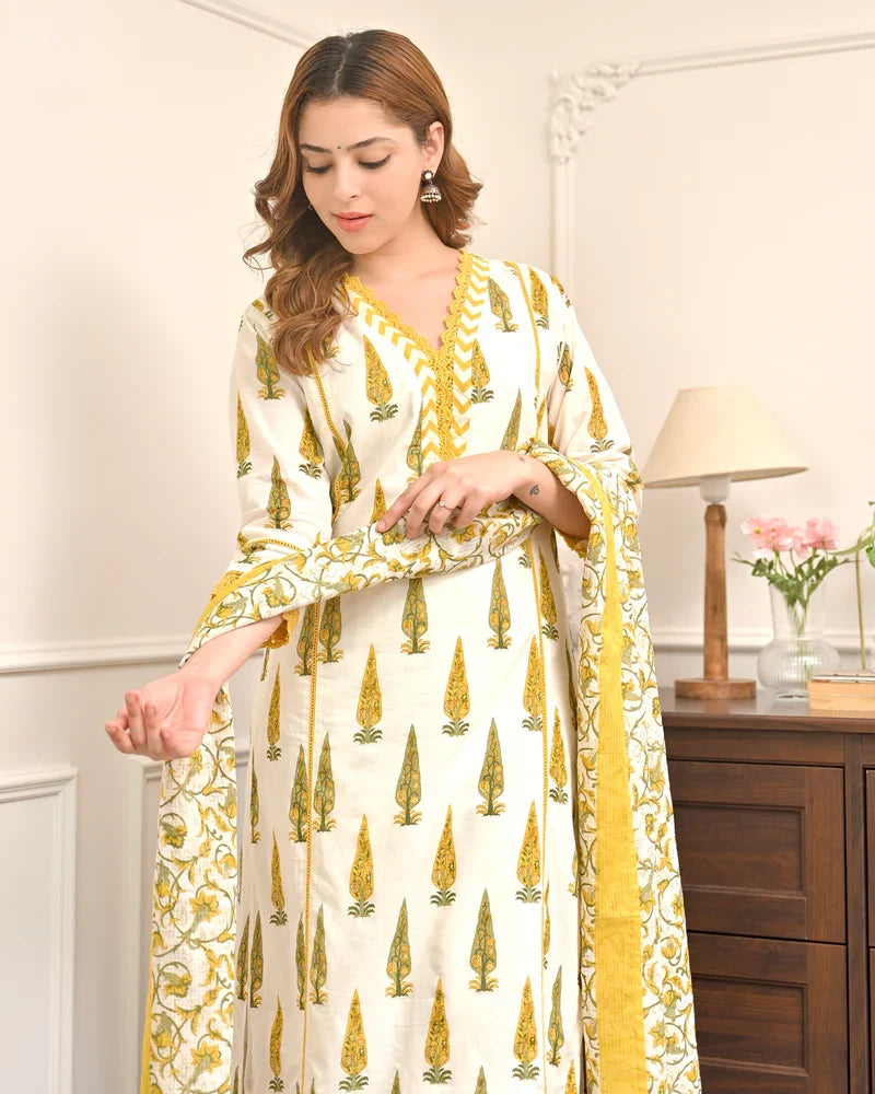 Side view of sunlit bloom premium cotton kurta set for women