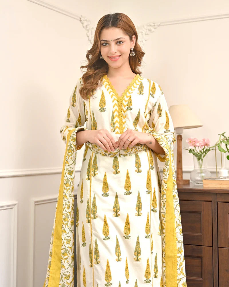 Sunlit floral cotton suit dupatta drape detail