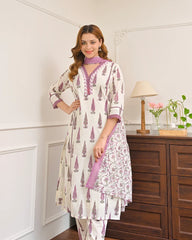 Orchid cotton suit neckline and lace embroidery detail