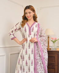 Side view of orchid bloom premium cotton kurta set for women