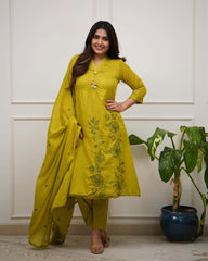 Hand embroidered cotton suit set with moti work and lace dupatta for women festive wear