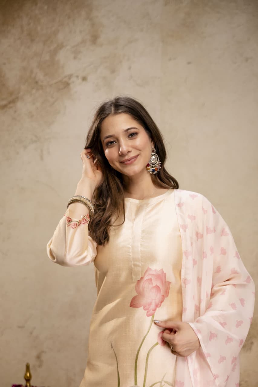 Premium Assam silk kurta set with organza dupatta women festive party wear Jaipur collection