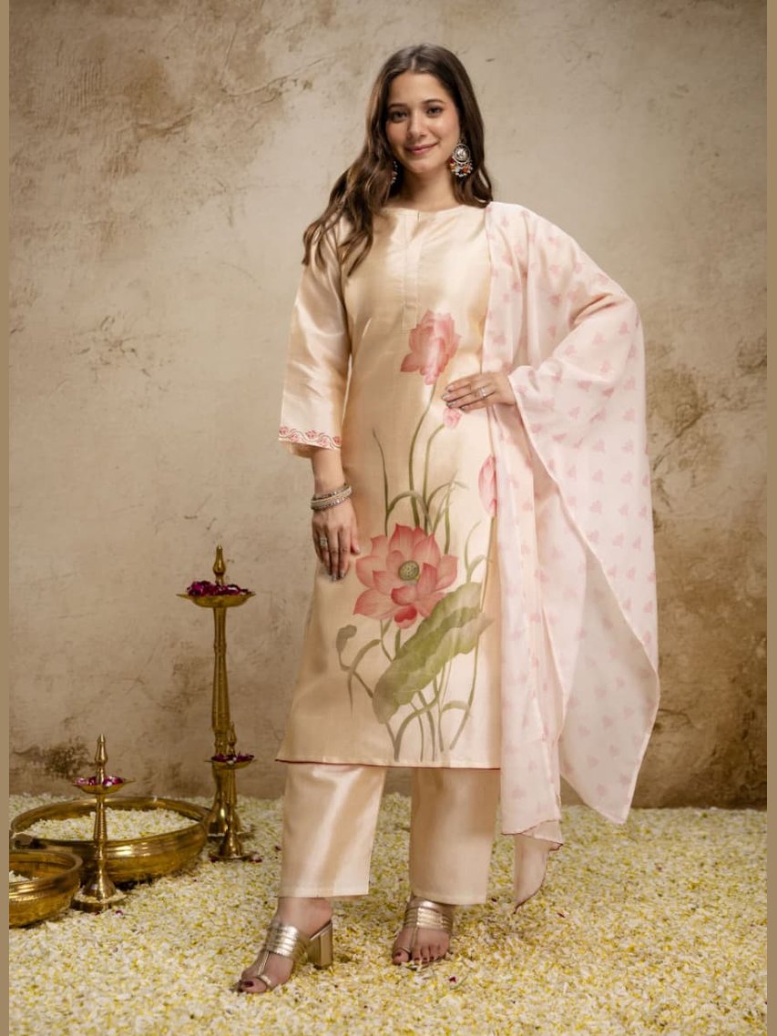 Soft Assam silk kurta set for women fully lined with organza dupatta party wear by Resshaa Jaipur