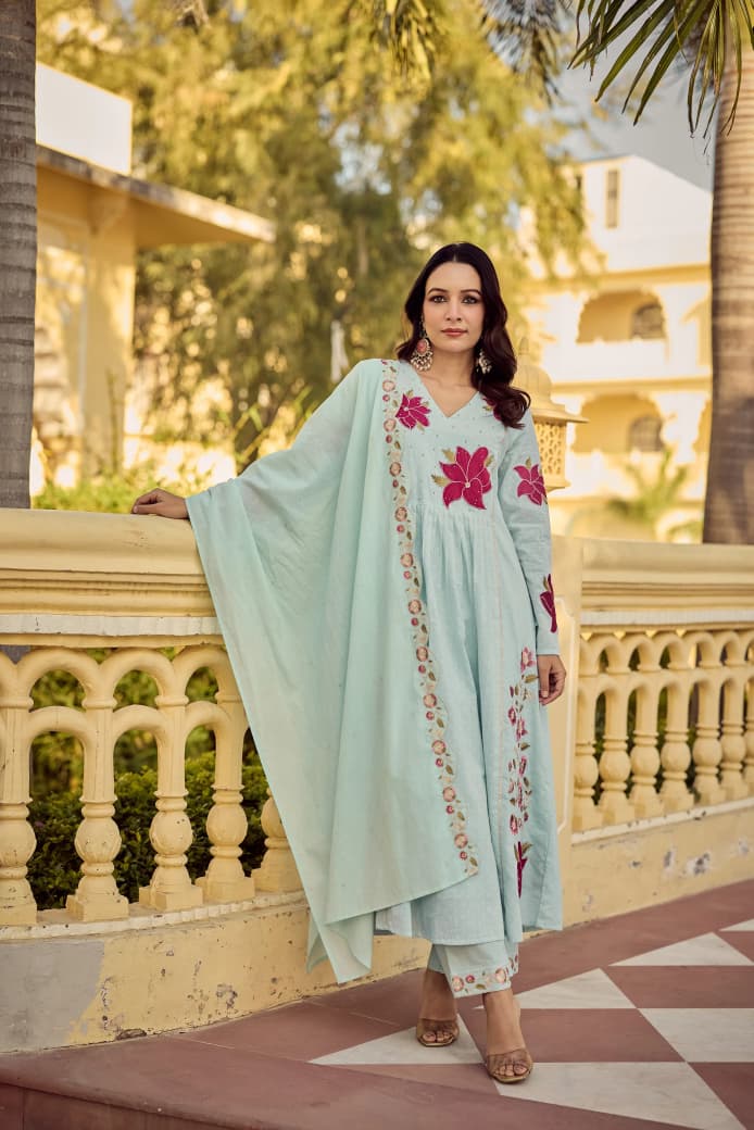 Cotton butti kurta pant set for women sequence embroidery ethnic party wear online