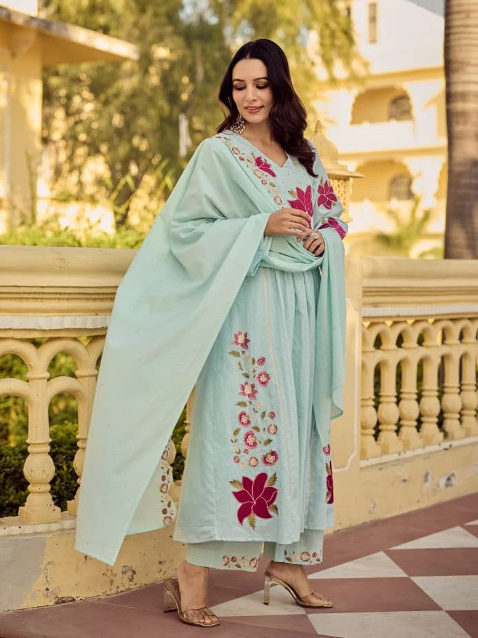 Cotton butti embroidered kurta pant dupatta set party wear for women buy online Resshaa Jaipur