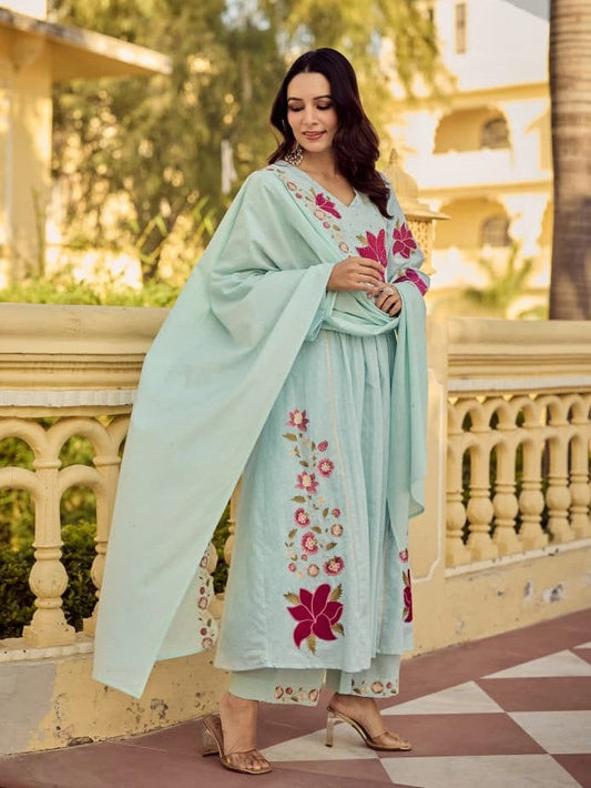 Cotton butti embroidered kurta pant dupatta set party wear for women buy online Resshaa Jaipur