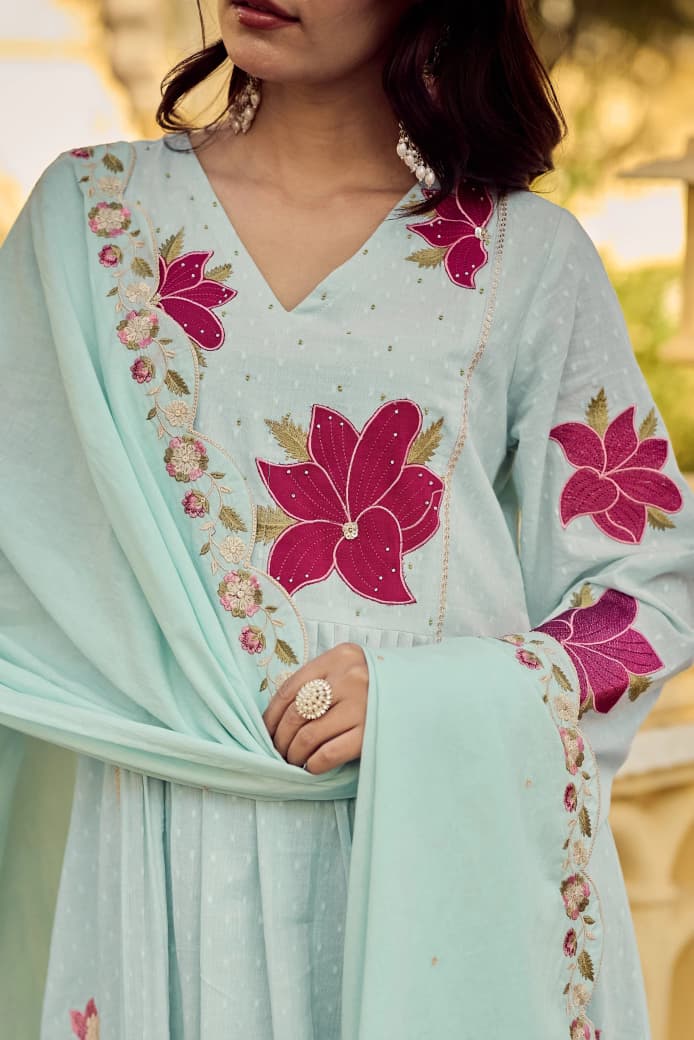 Heavy cotton embroidered butti kurta dupatta set women festive occasion wear buy online India